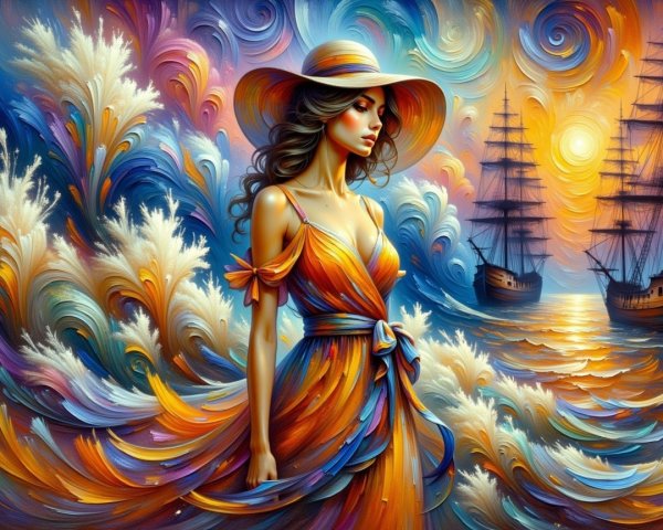 Vibrant Digital Painting of Woman in Flowing Dress
