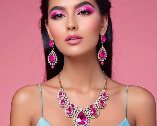 Model with Pink Makeup and Elegant Jewelry Display