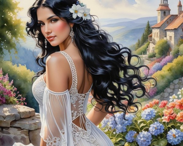Elegant Woman in Sheer Gown Against Scenic Landscape