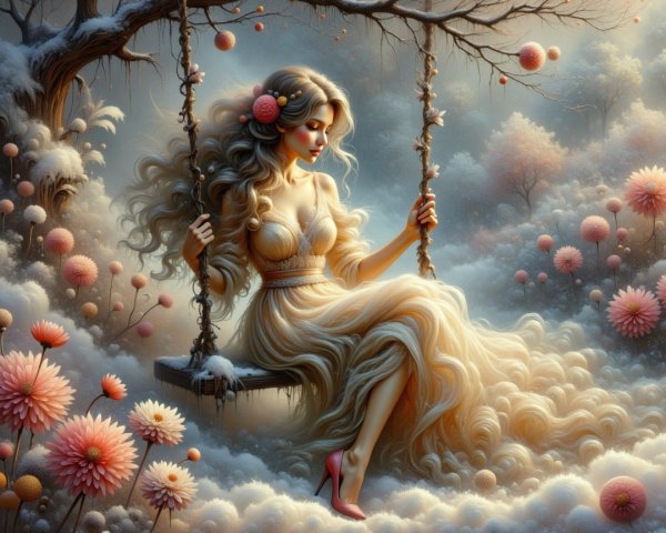 Woman on Swing in Fantasy Landscape with Flowers