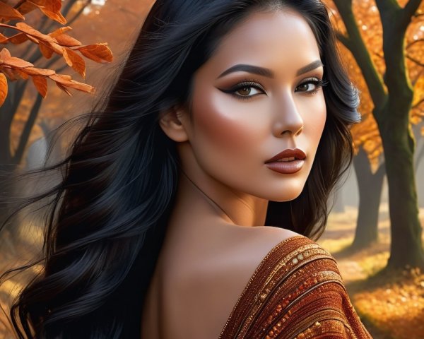 Elegant Woman in Rust Garment Amid Autumn Leaves