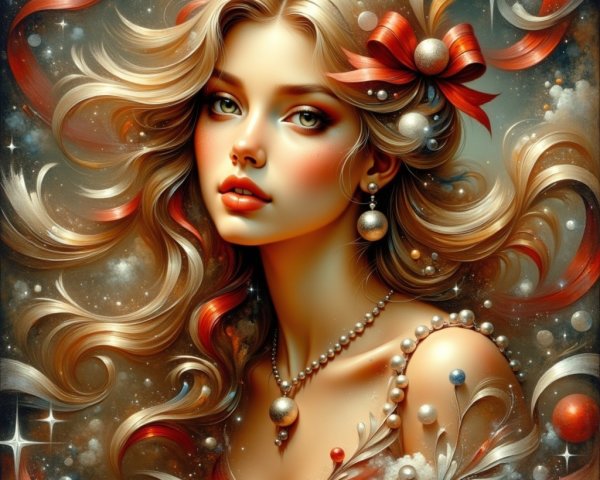 Hyperrealistic Painting of a Woman in Starry Night Sky