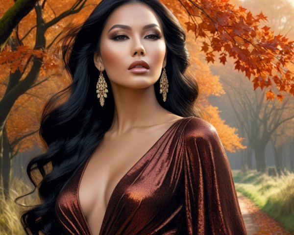 Elegant Woman in Bronze Dress Amid Autumn Landscape