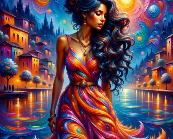 Elegant Woman by Serene River with Colorful Dress
