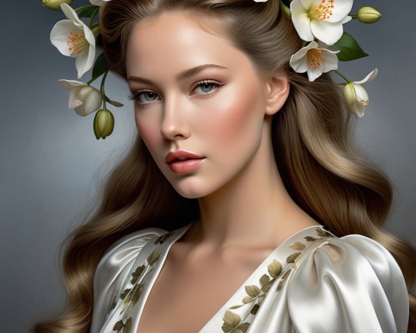 Portrait of a Young Woman with Flowers and Satin Blouse