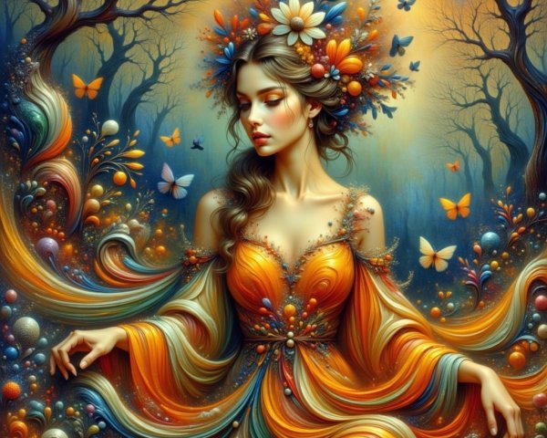 Digital Painting of a Woman in Floral Crown and Gown