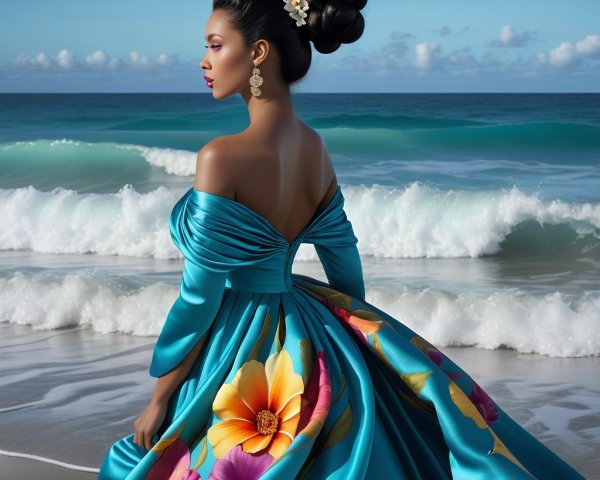 Elegant figure in floral gown by the ocean shore