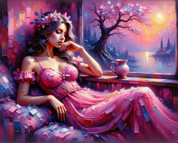 Dreamy Scene with Lady in Pink Gown by Window