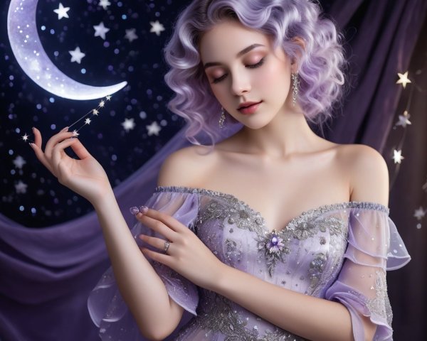 Dreamy Scene of a Woman in Lavender Gown and Moon