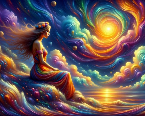 Vibrant Scene of Woman in Colorful Dress by Ocean