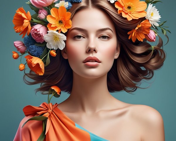 Serene Woman with Floral Crown and Colorful Garment