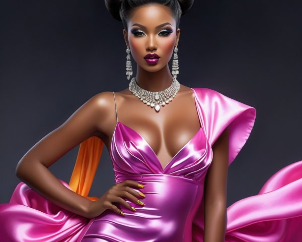 Model in Luxurious Pink Gown with Elegant Updo