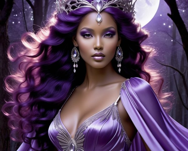 Regal figure in a mystical forest under a full moon