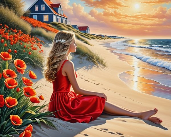 Beach Sunset with Girl in Red Dress and Poppies