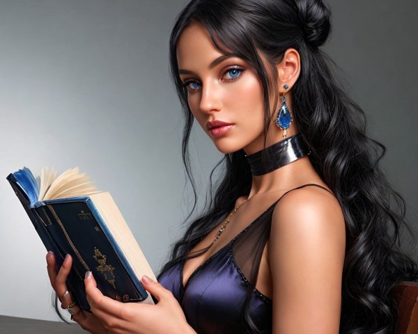 Young woman reading at a wooden table with book