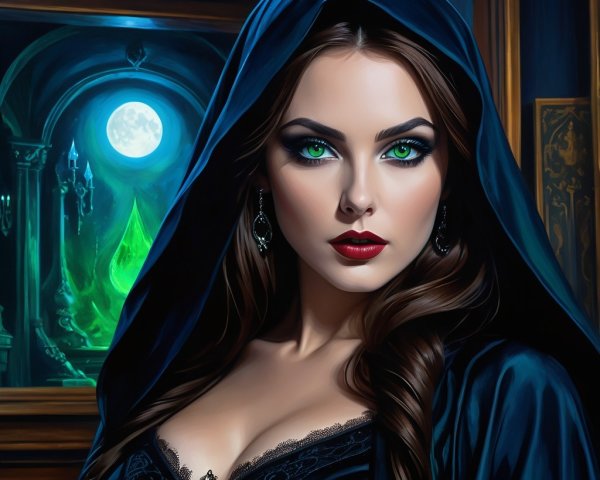 Mysterious Woman in Dark Hood with Green Glow