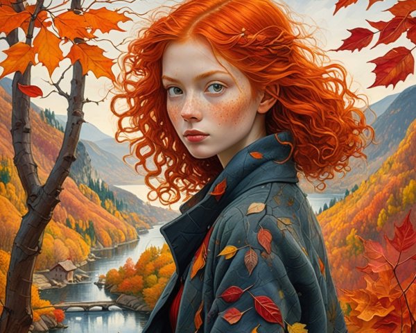 Young woman with red hair in autumn landscape scene