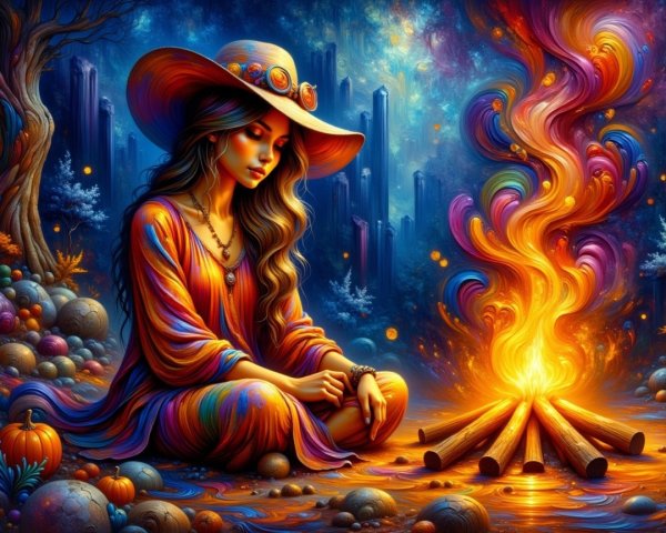 Serene figure by vibrant campfire under starry sky