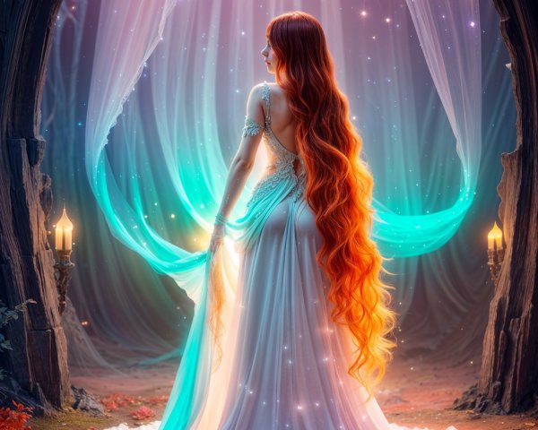 Elegant figure in shimmering gown with radiant hair