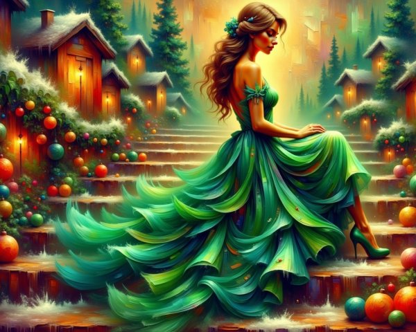 Elegant Woman in Emerald Gown on Textured Steps