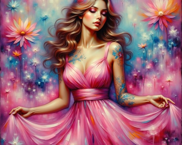 Portrait of a woman in pink dress among vibrant flowers