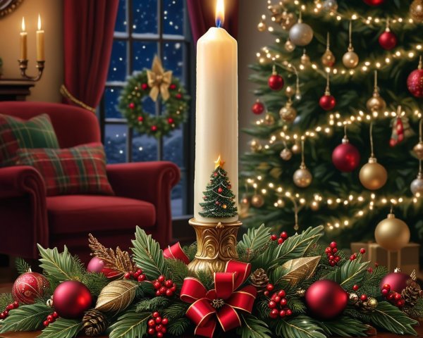 Holiday Scene with Candle, Tree, and Cozy Decor