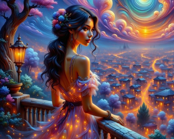 Young Woman on Balcony Overlooking City at Dusk