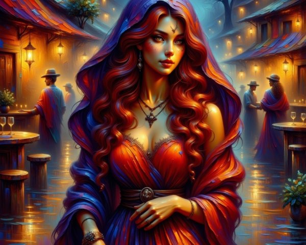 Twilight Scene of Woman in Red Dress and Lanterns