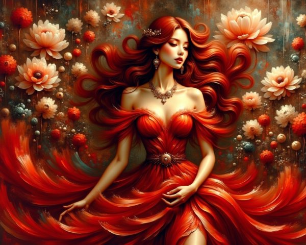 Elegant Figure in Red Gown Surrounded by Flowers