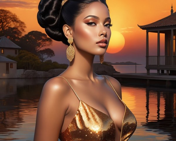 Elegant Woman in Gold Gown at Sunset Scene