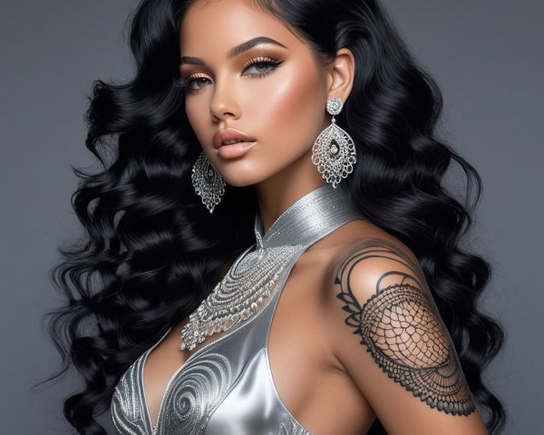 Portrait of a woman in silver gown with black hair