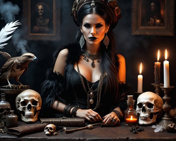 Mystical Scene with Darkly Dressed Woman and Candles