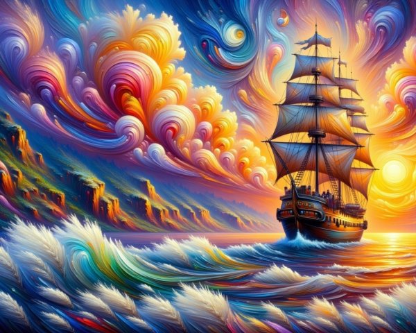 Vibrant Sunset Over a Sailing Ship and Cliffs