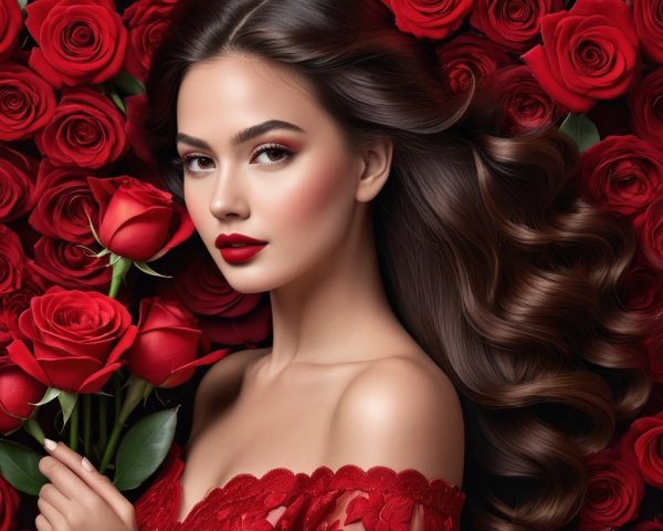 Elegant Woman Among Lush Red Roses and Lace Dress