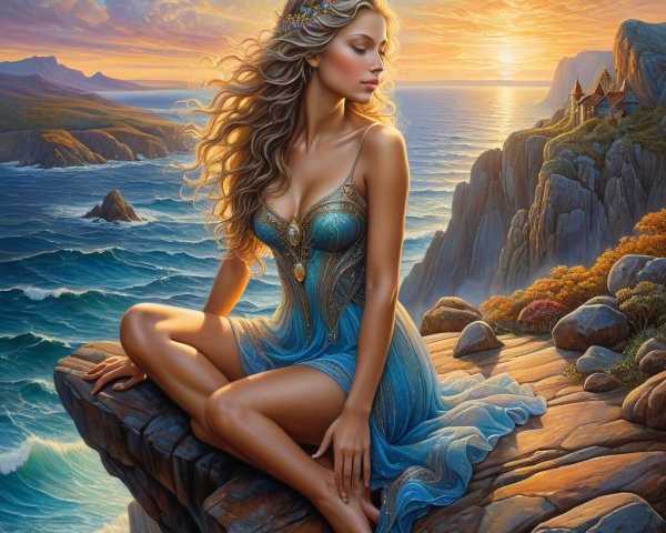 Woman in Blue Gown at Sunset by the Ocean