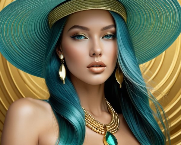 Portrait of a woman with turquoise hair and gold accents