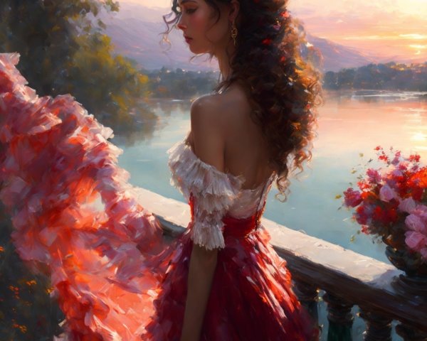 Young Woman in Red Dress by Tranquil Lake at Sunset