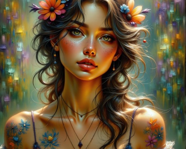 Portrait of a Young Woman with Floral Accents and Tattoos