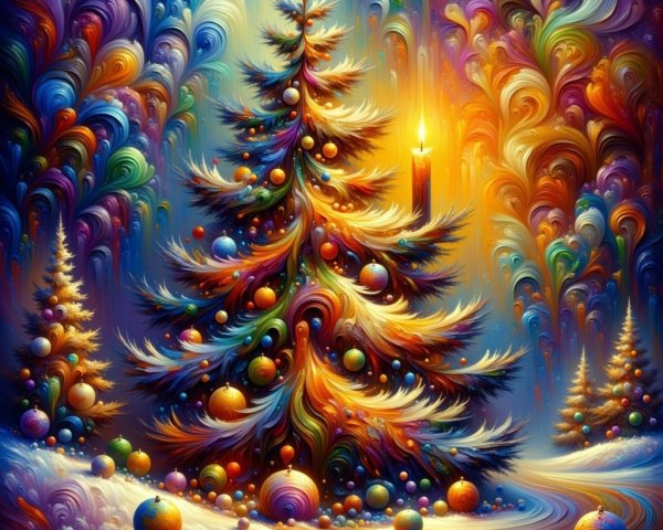 Vibrant Christmas Tree in Whimsical Winter Scene