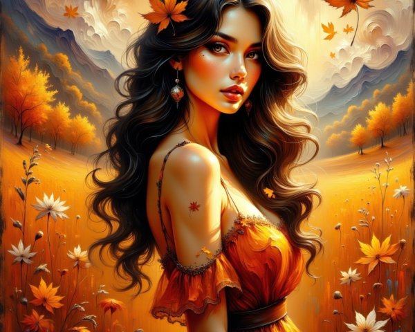 Young Woman in Vibrant Autumn Landscape with Flowers