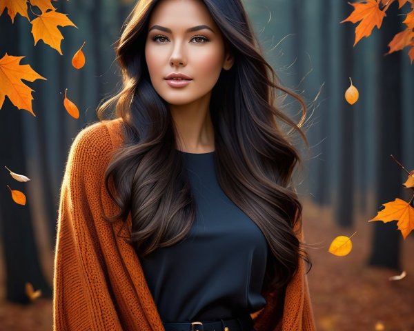Woman in oversized sweater in autumn forest setting