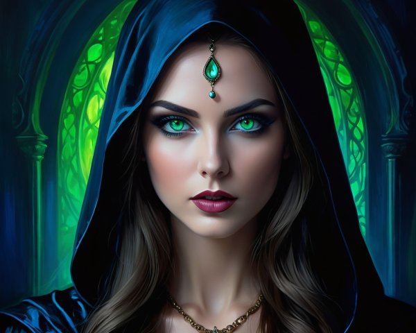 Mysterious figure with green eyes and emerald pendant