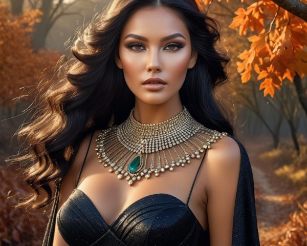 Model in Autumn Landscape with Emerald Necklace