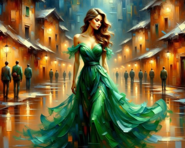 Vibrant digital painting of a woman in a green dress