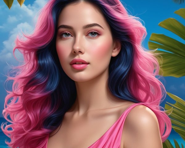 Young woman with colorful hair in tropical setting