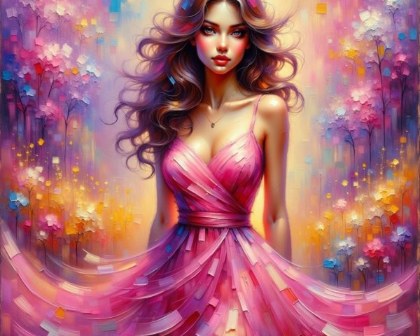 Graceful woman in pink dress amid vibrant scenery