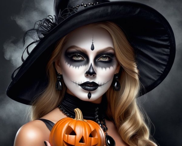 Elegant Witch with Pumpkin in Smoky Halloween Scene