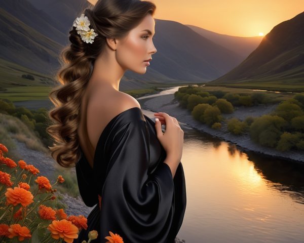 Serene sunset landscape with a young woman by a river