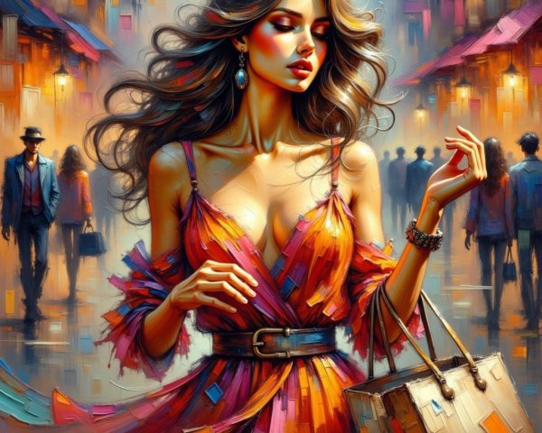 Stylish woman in colorful dress in vibrant urban scene