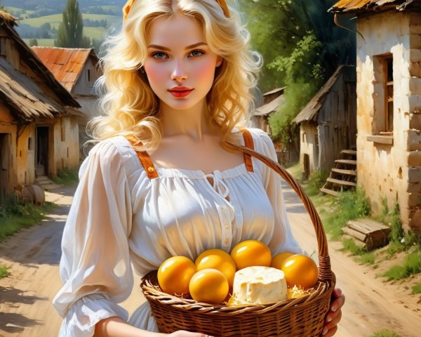 Young Woman with Basket in Rustic Village Setting